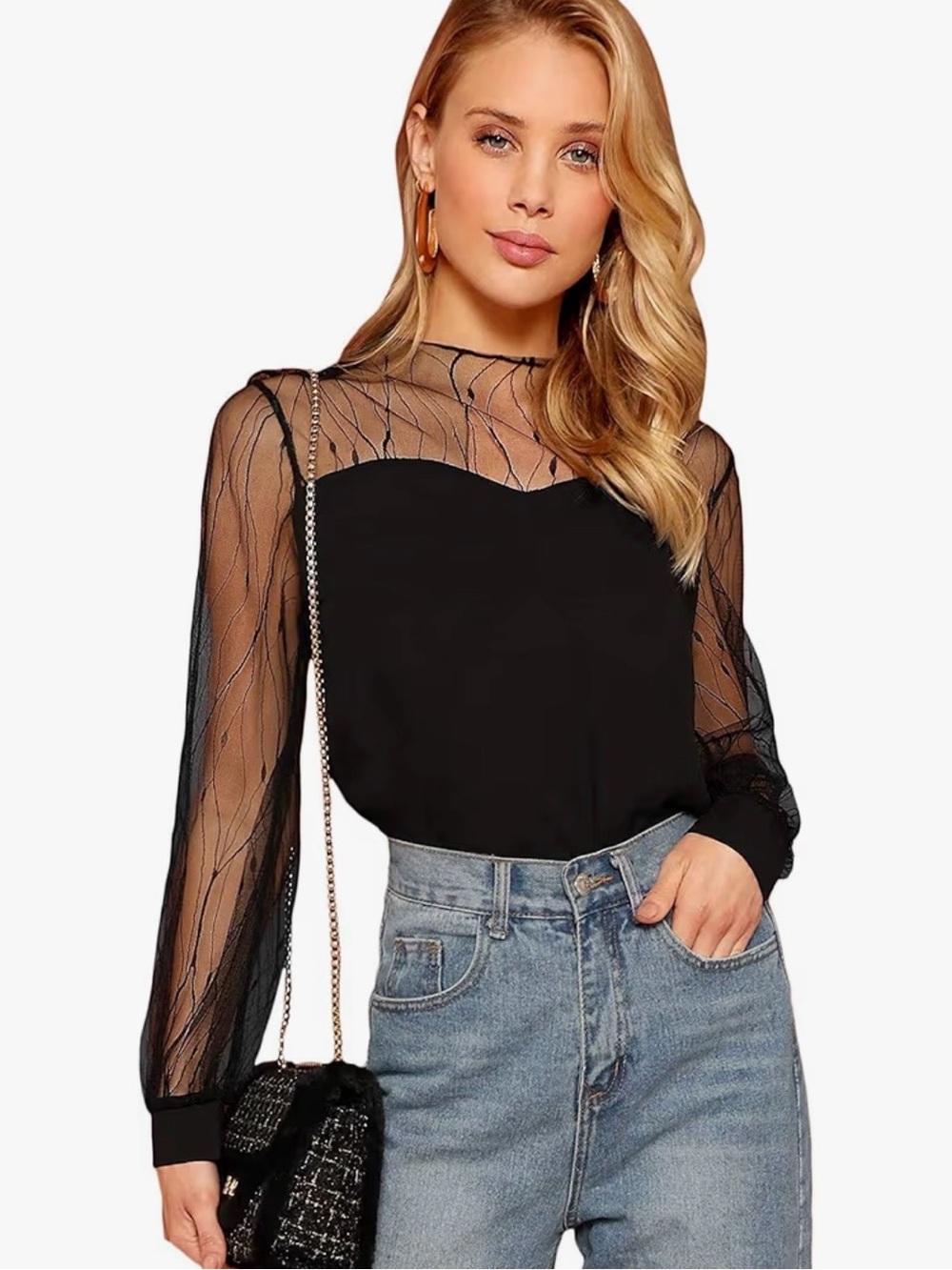 ROMWE Black Sheer Mesh Yoke Long Sleeve Top